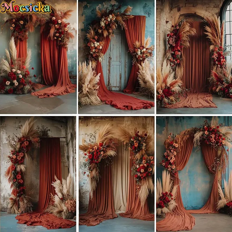 

Mocsicka Photography Background Retro Boho Pampas Grass Flower Curtain Backdrop Birthday Wedding Maternity Portrait Studio
