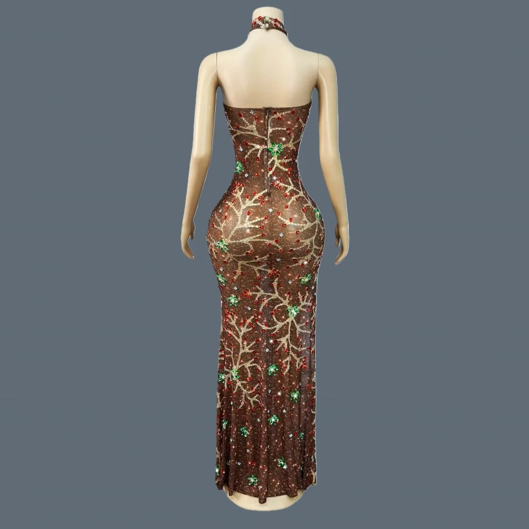 Vestido de noche con aberturas laterales altas y diamantes de imitación brillantes, vestido largo ajustado sexi para mujer, traje de malla transparente de corte bajo Huoshenhua