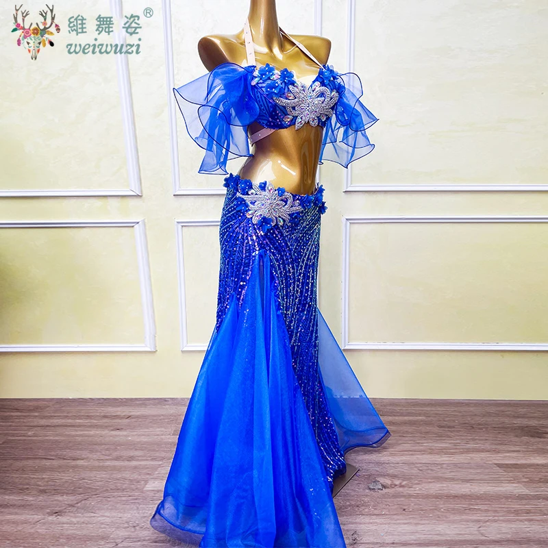 الرقص الشرقي المنافسة زي مشرق الماس الصدرية + حجر الراين سبليت تنورة طويلة 2 قطعة أزياء مسرحية الرقص الشرقي النساء #3