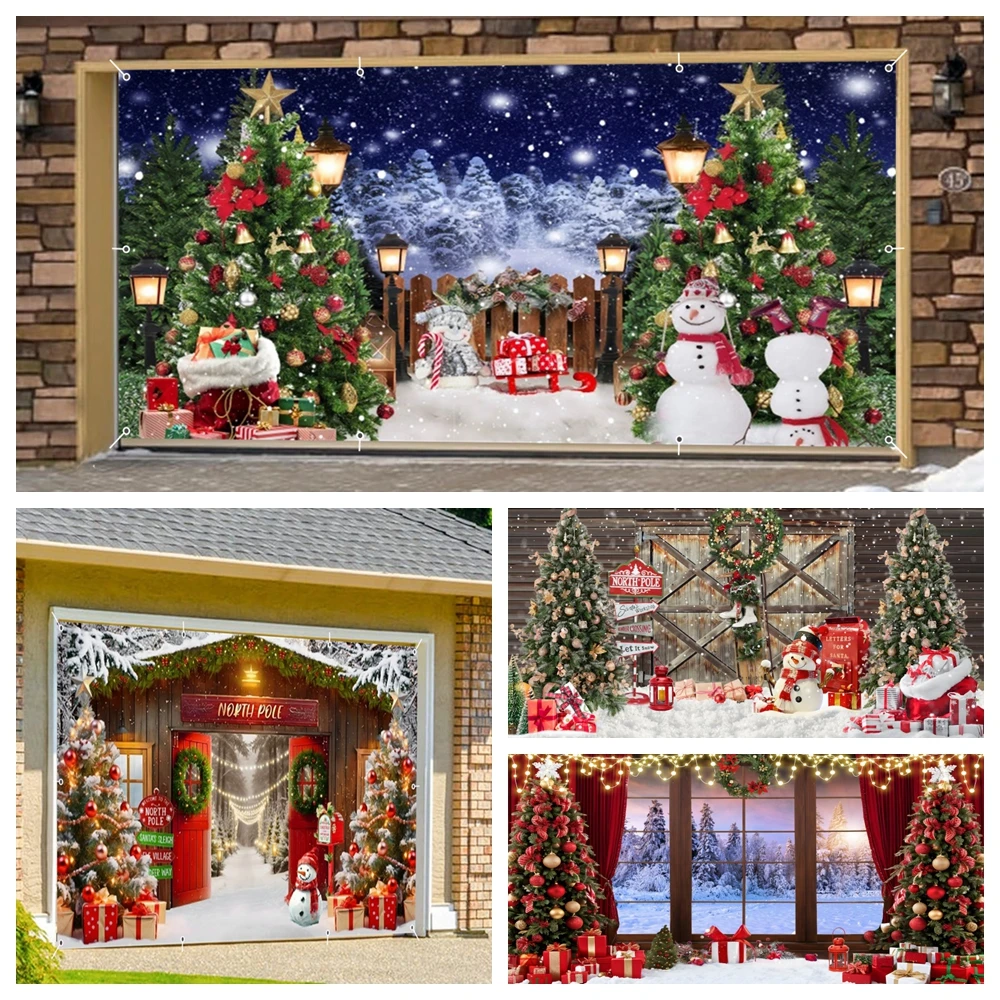 

Winter Christmas Garage Door Photography Background North Pole Jolly Snowmen Xmas Trees Gifts Outdoor Gatherings Decor Backdrop