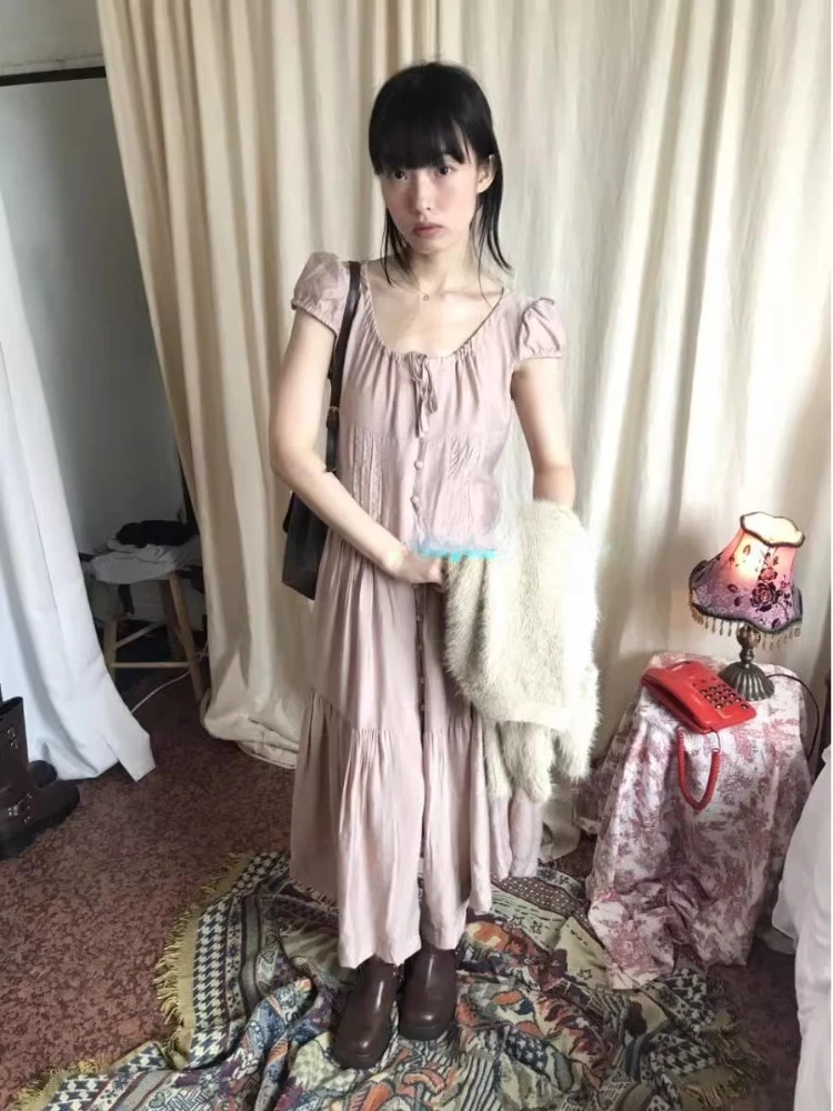 

Vintage Gray Pink Lace Up Dress for Women Spring Summer New Mid-length Vestidos De Mujer Y2k Short Sleeve All-match Dresses