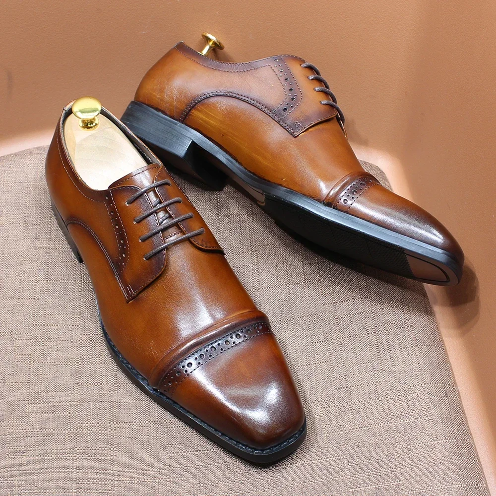 

Comfy Ergonomic Cap-Toe Oxfords Genuine Leather Burnished Lace-Up Cushion Insole All-Day Wear Office Commute Work Travel Shoes