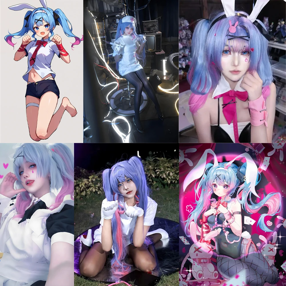 عالية الجودة أنيمي ميكو أرنب هول تأثيري الشعر الاصطناعية الأزرق والوردي التدرج انفصال ذيل حصان مرحلة الأداء شعر مستعار يومي