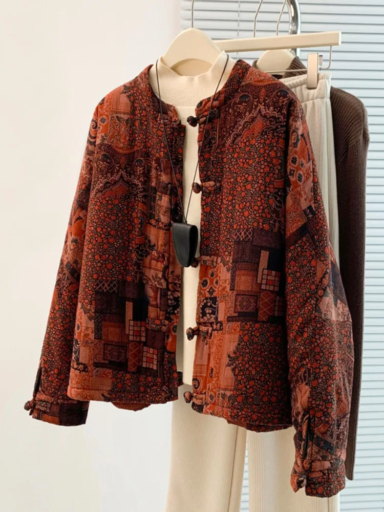 

New Chinese Sle Ancient Print Cotton Jaet Women's Winter Cotton Padded Handmade Cotton Coat Floral Pattern Stand Collar