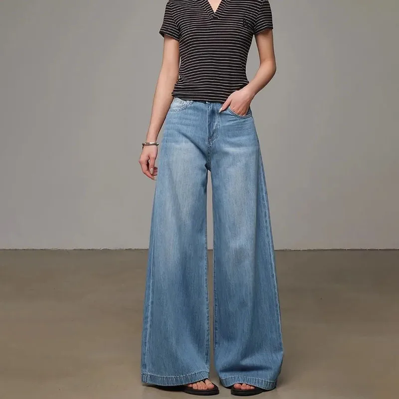 

Tencel Jeans New Spring Summer Women's High-waisted Loose Straight-leg Wide-leg Pants Female Casual Denim Trousers Trendy Blue