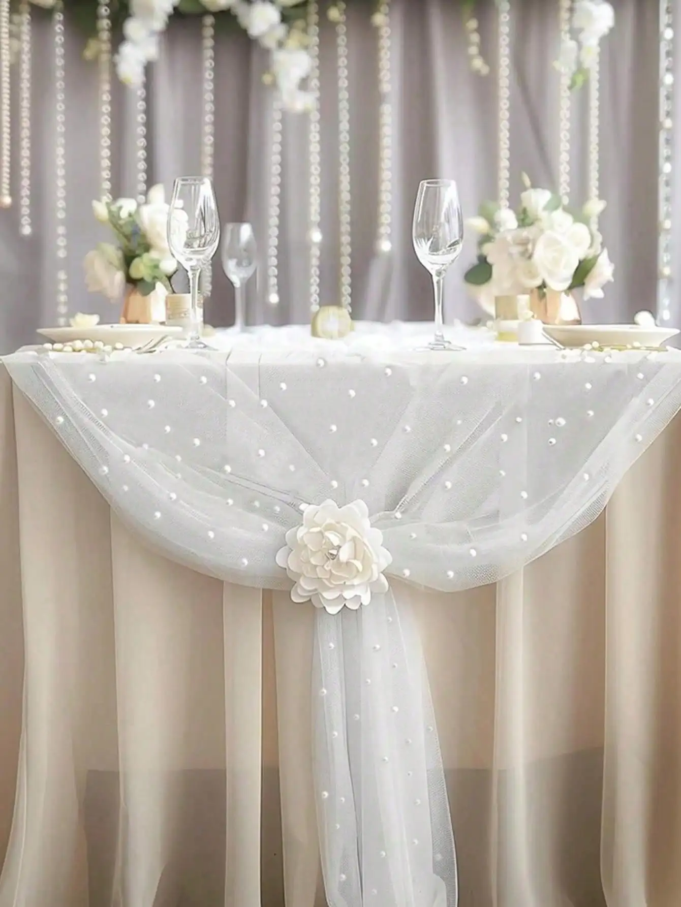 

White Pearl-Embellished Chiffon Table Runner for Wedding Reception Decor