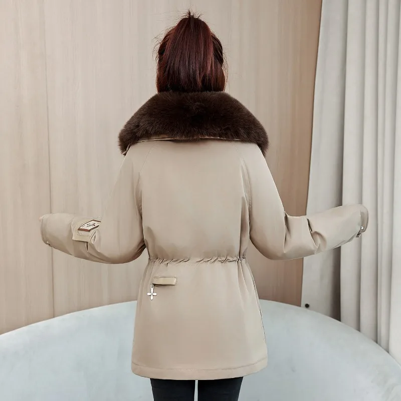 K‑Utility Winter Mid‑Length Parka Detachable Furry Collar Inner Liner Drawstring Waist Multi‑Pocket Chic Warm Ladies Outerwear