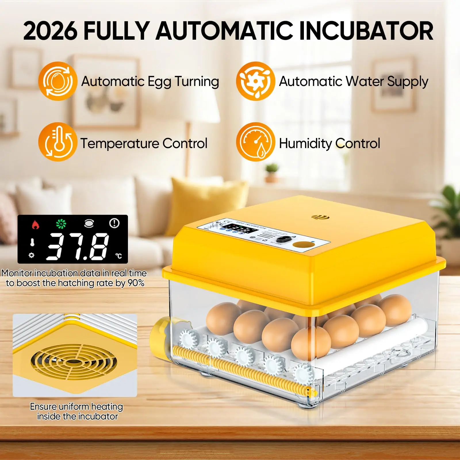 16/36 Eier Vollautomatischer Digitaler Inkubator Geflügelbrüter mit Temperatur- und Feuchtigkeitsregelung LED-Eierbeleuchtung Automatischer Eierwender für Heim und Hof