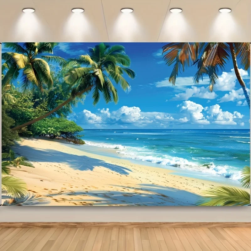 Tropical Hawaiian Paradise Backdrop - Vibrant beach summer vacation photos background coconut trees, autumn and summer occasions