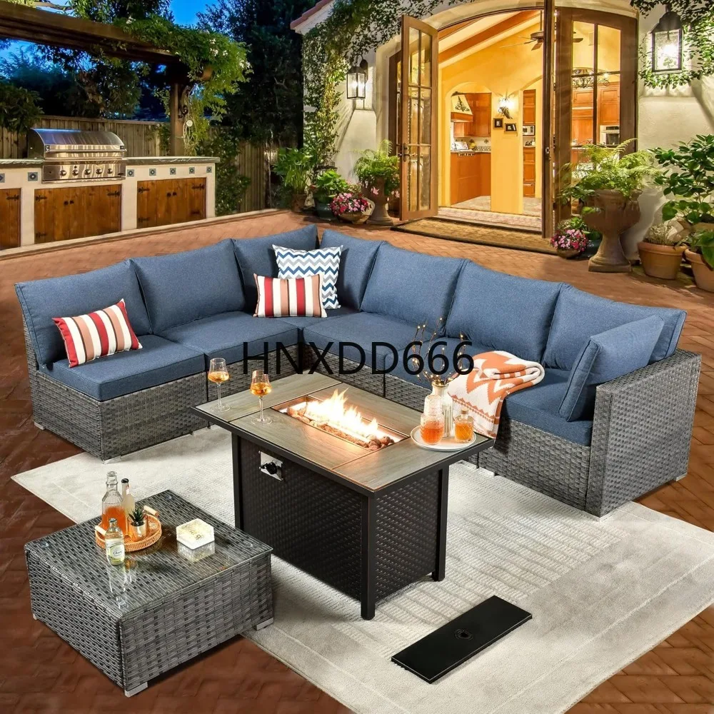 Outdoor 8 Piece Patio Furniture Set with Fire Pit Table, Conversation Sectional Wicker Couch with Coffee Table
