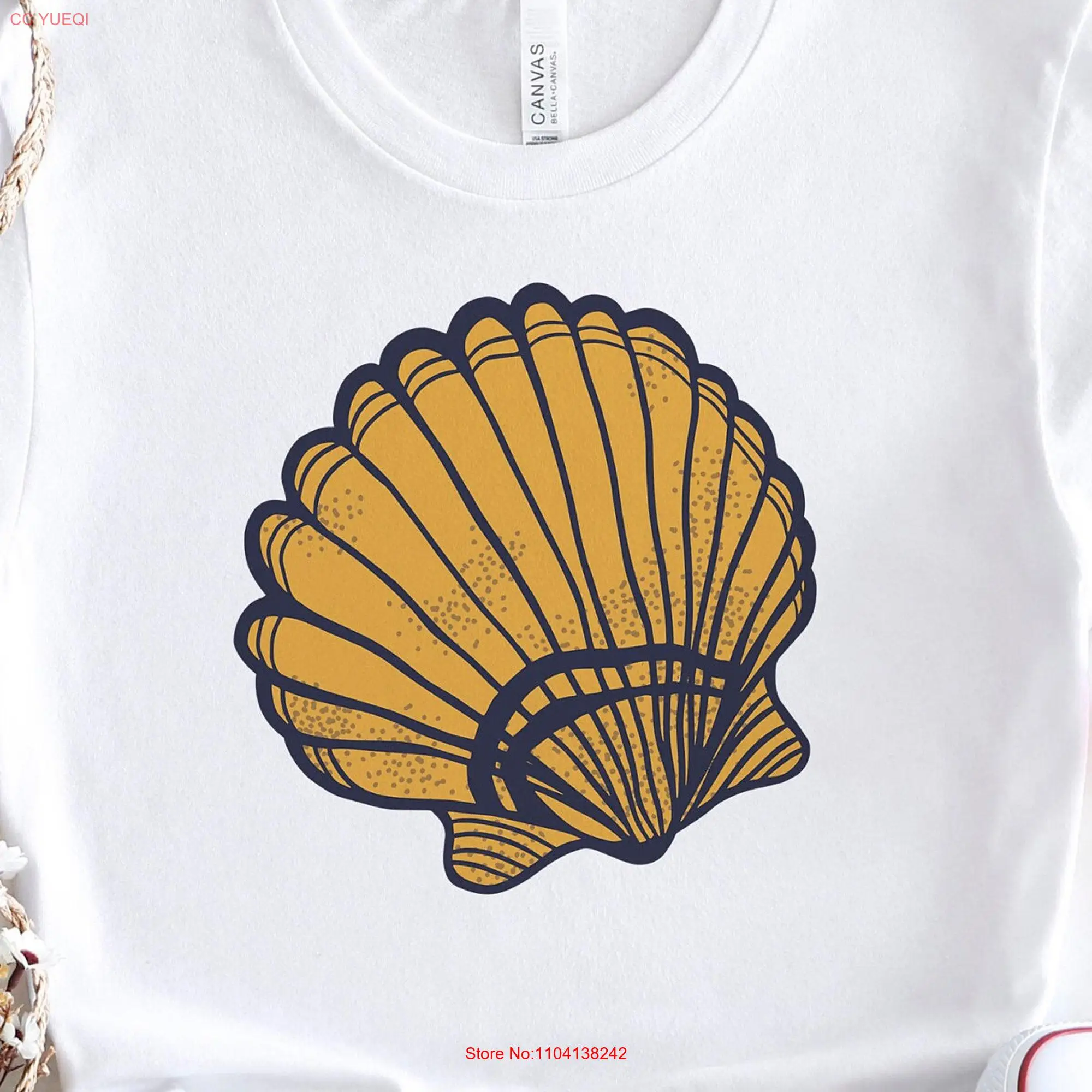 Shell Yellow T Shirt Seashell Ocean Inspired Top Beach Vacations for Sea Lovers Mother's Day long or short sleeves