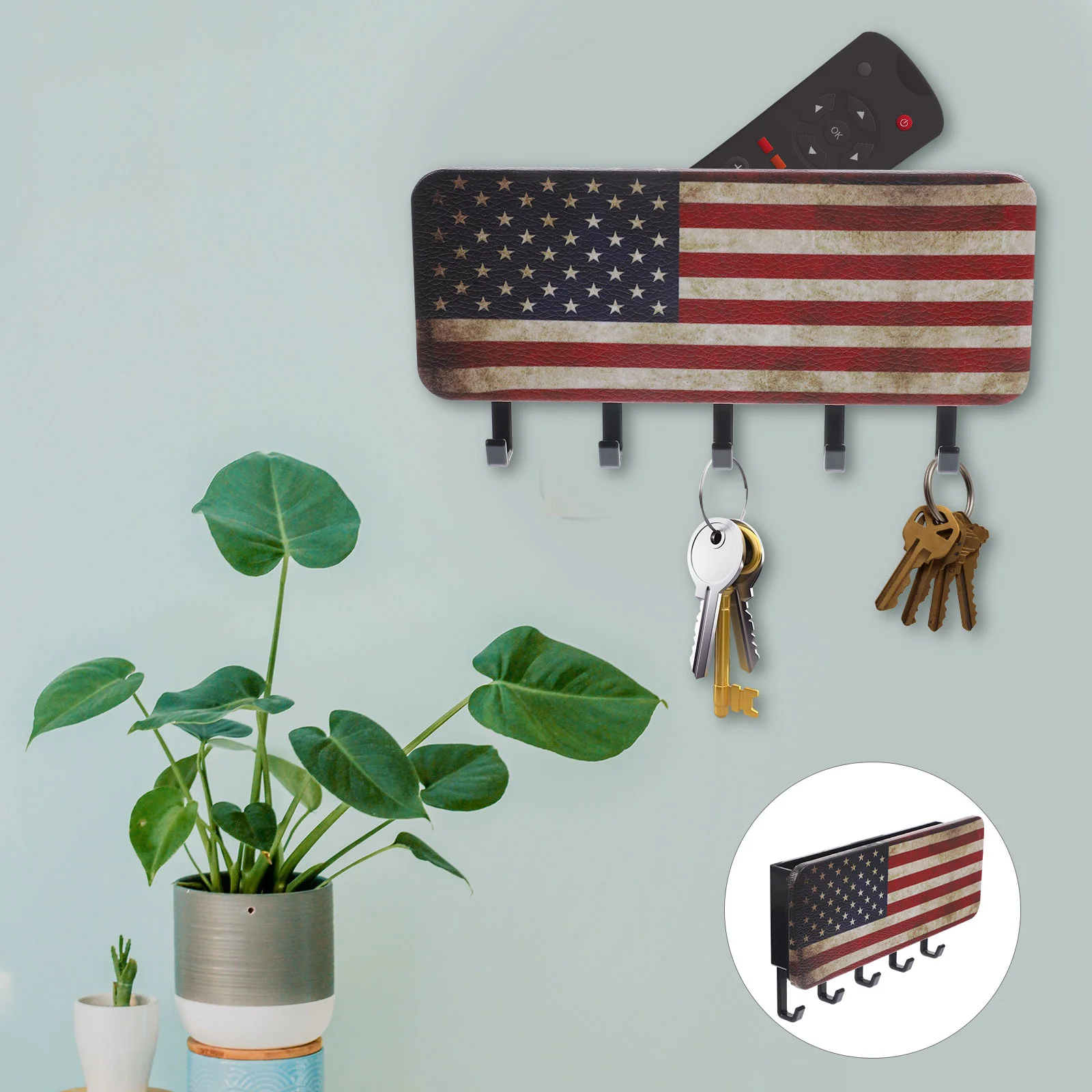 Hook American Retro Flag Pattern Multifunctional Nail-free Wall Storage Box Entry Key Holder For