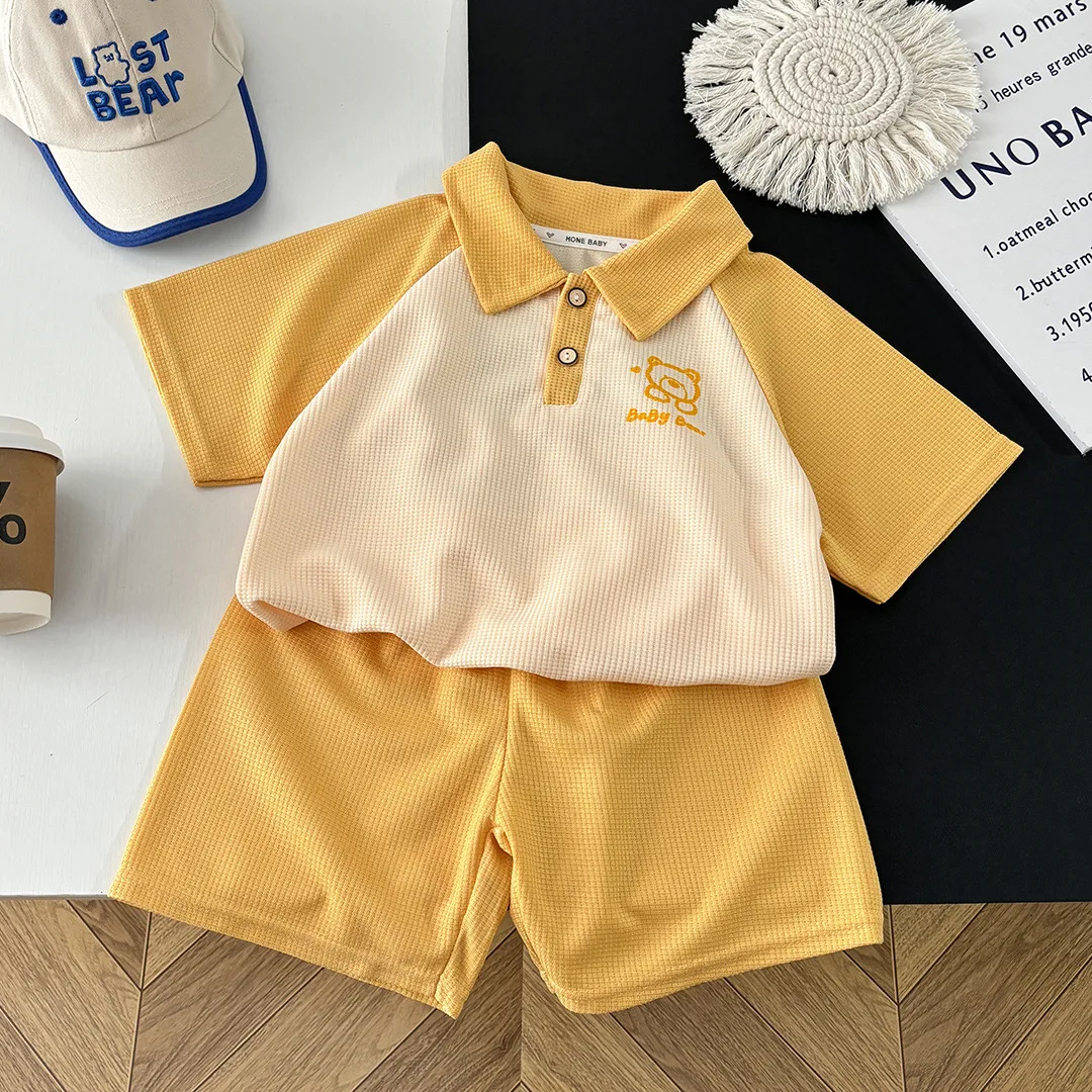 2PCS/Set Waffle Short Sleeve Suit For Boys and Girls Polo Shirt Top+Short Pants Children's Outfit Comfortable