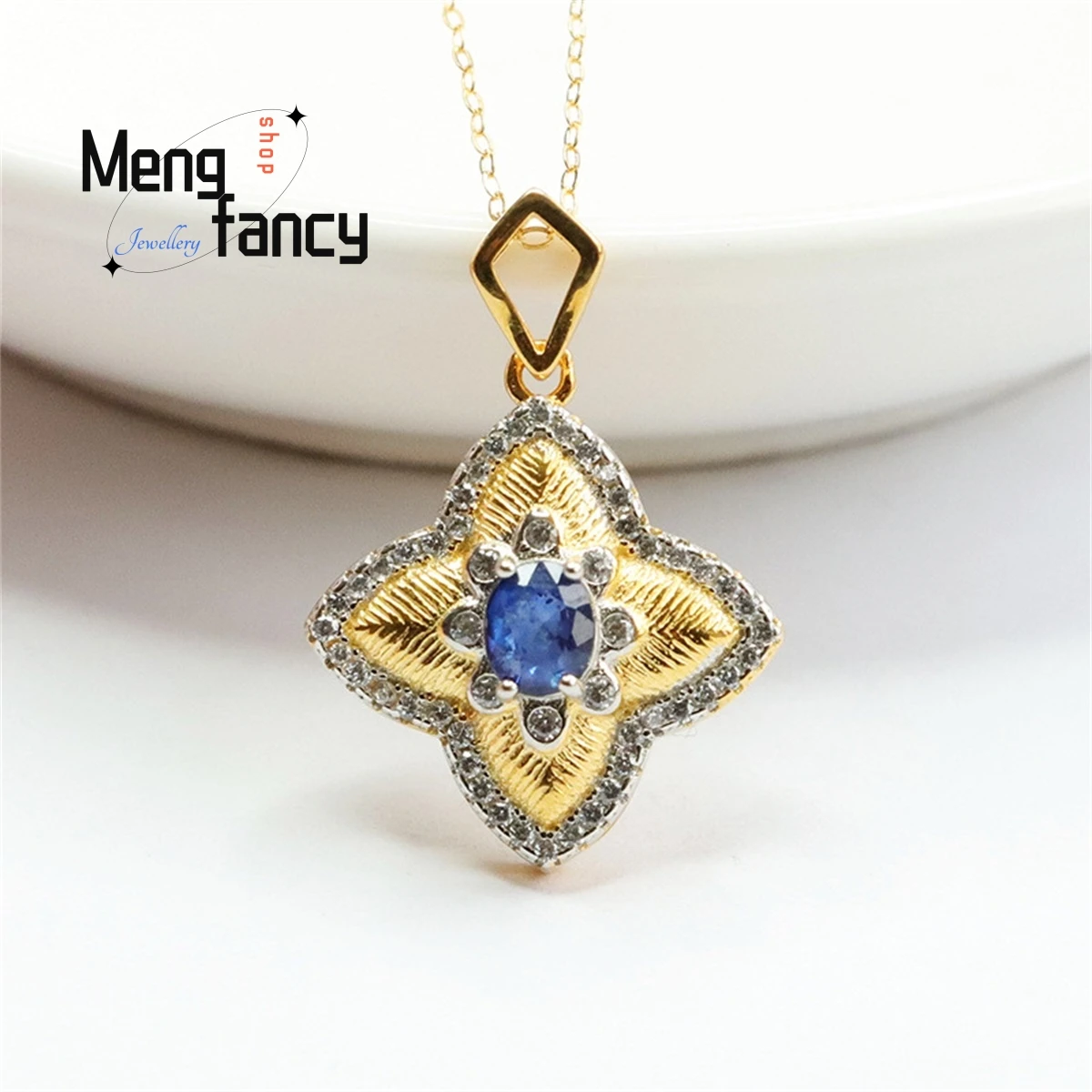 

Natural S925 Silver Inlaid Sapphire Four Point Star Necklace Simple Elegant Personalized Fashion Versatile Light Luxury Jewelry