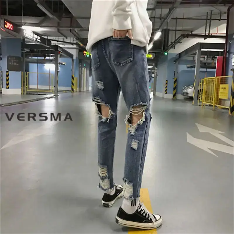 

VERSMA Korean Harajuku Retro High Street Ripped Jeans Men Denim Pants Autumn Hip Hop Streetwear Punk Skateboard Jeans Pants Male