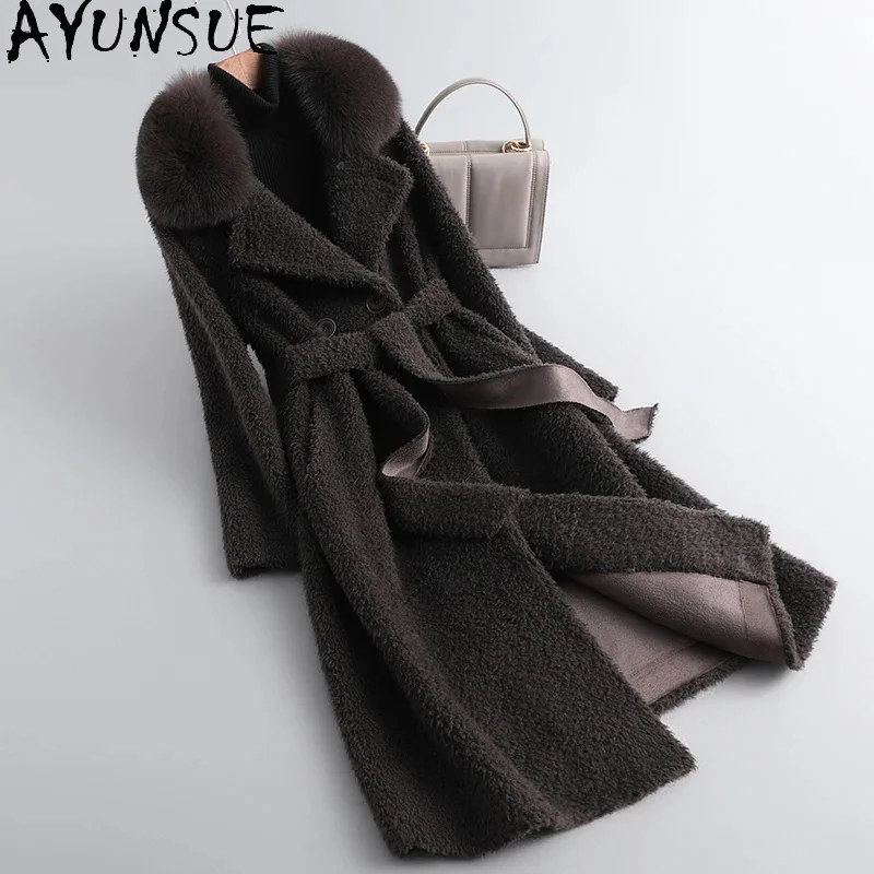 

2024 AYUNSUE Autumn Winter Wool Coats for Women Clothing Fox Fur Collar Elegant 100% Sheep Shearing Jacket Coat Lace-up