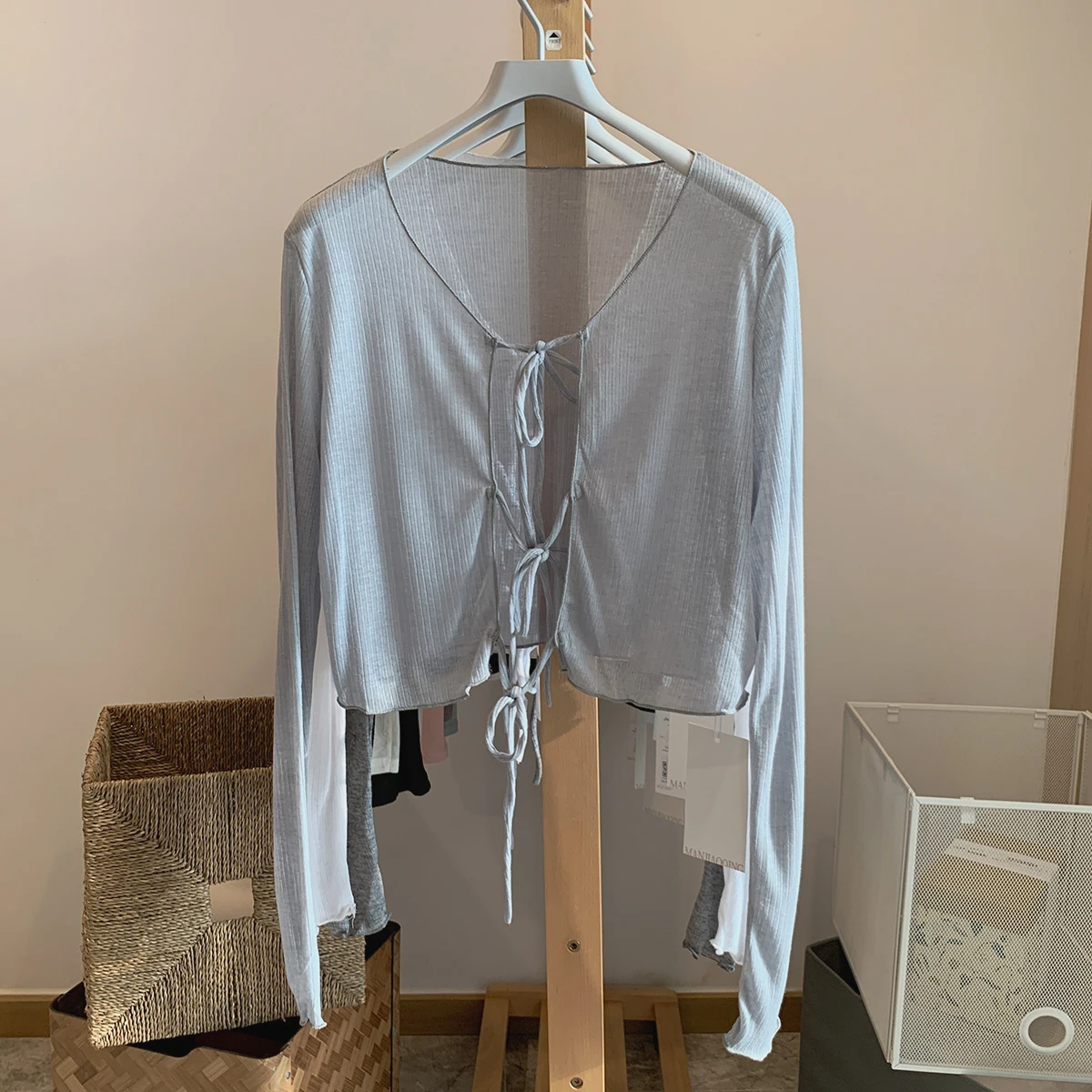 Cárdigan de punto fino para mujer, moda Primavera Verano, abrigo protector solar de manga larga con cordones, Tops cortos lisos simples y versátiles