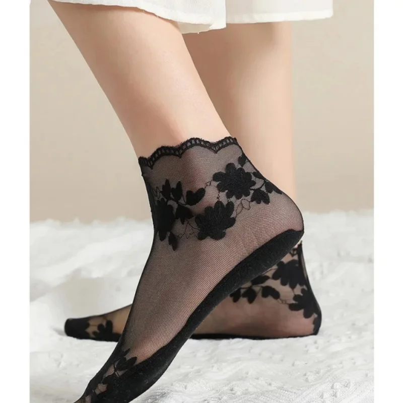 5 زوج/وحدة الجوارب النسائية الدانتيل الشفاف الصيف رقيقة السيدات قارب الجوارب جوفاء عدم الانزلاق أنيقة الزهور الجوارب الضحلة للنساء #6
