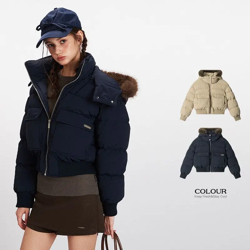 

HeyHenry2025 Retro Winter Thiened American Sle Cotton Jaet Hooded Coat Women's ort Coat Fur Collar Zipper Closure Lon...