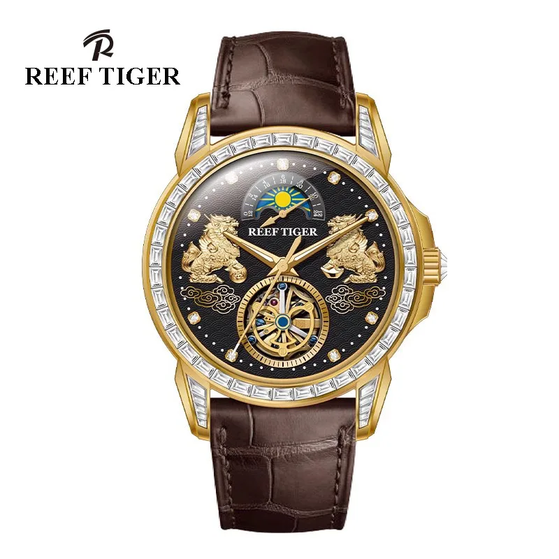 Reef Tiger/RT Luxury Golden Multi Function Men Watch Diamonds Automatic Mechanical Watches Sapphire Glass Waterproof Watches