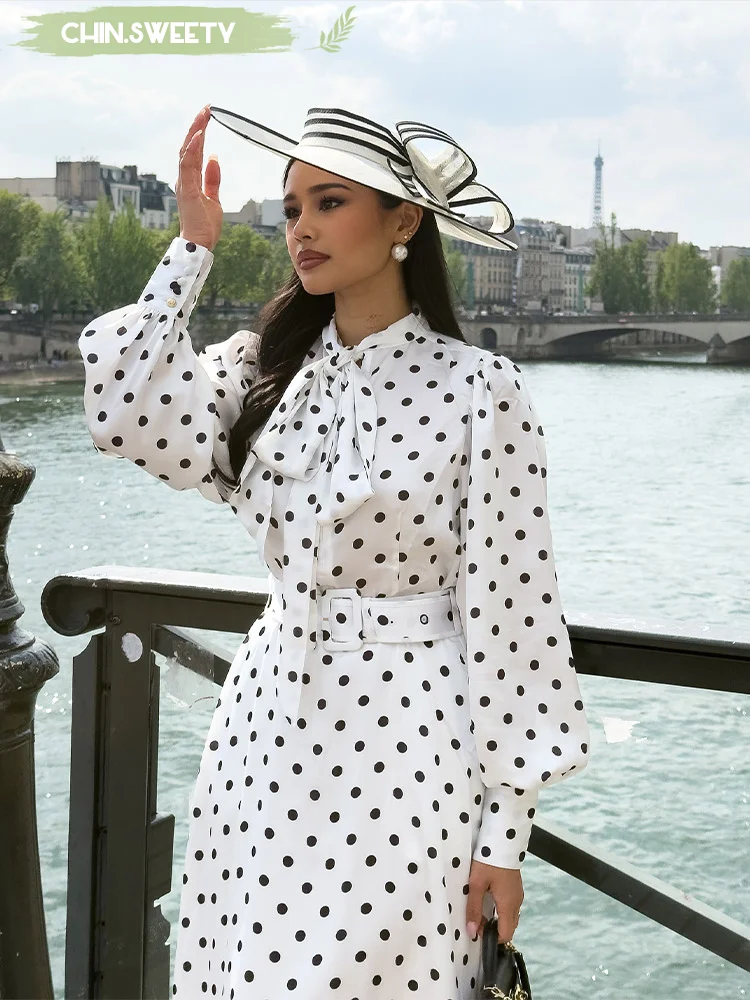 

Elegant Polka Dot Lantern Sleeve Maxi Dress Women Tied Waist Cinching Lotus Leaf Loose Long Dresses 2025 Summer New Street Robe