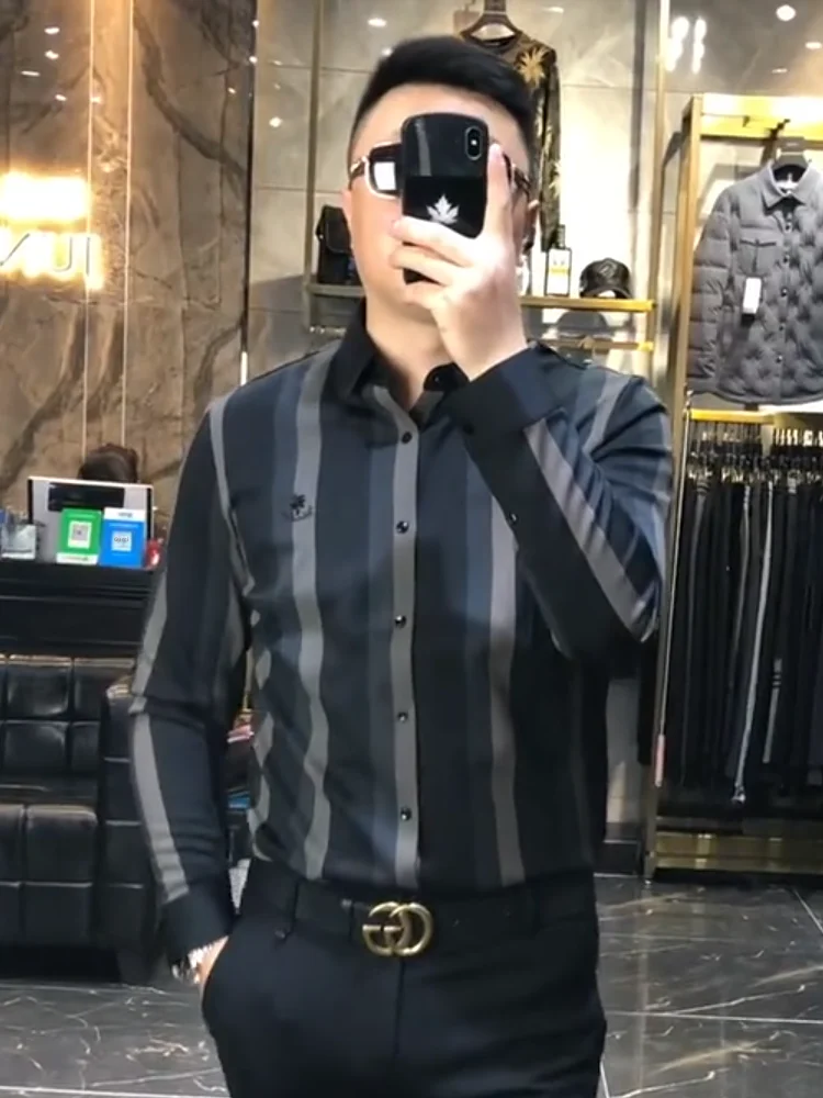 

Мужская рубашка с длинным рукавом для весны и осени, приталенная, в полоску, деловой стиль, для мужчин среднего возраста, не требует глажки