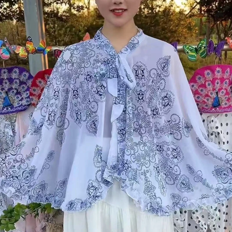 

Spring/Summer Bow Flower Chiffon Shirt Women Blouses Casual Loose Sunscreen Clothes Cardigan Coat Shawl Top Irregular