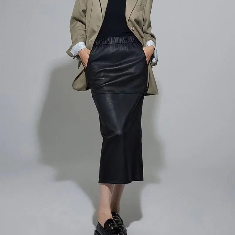 

Slimming Genuine Leather Short Skirt A-line Wrap Buttocks Half Skirt Minimalist Women's Mid length Sheepskin One Step Skirt