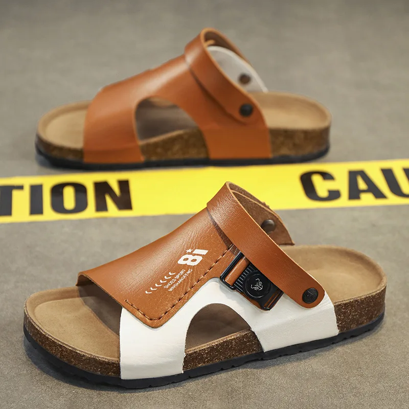 2024 Summer Sandy Beach Cork Sandals Men Fashionable Non-slip Flip Flops Fashion Slip on Leather Slippers Men