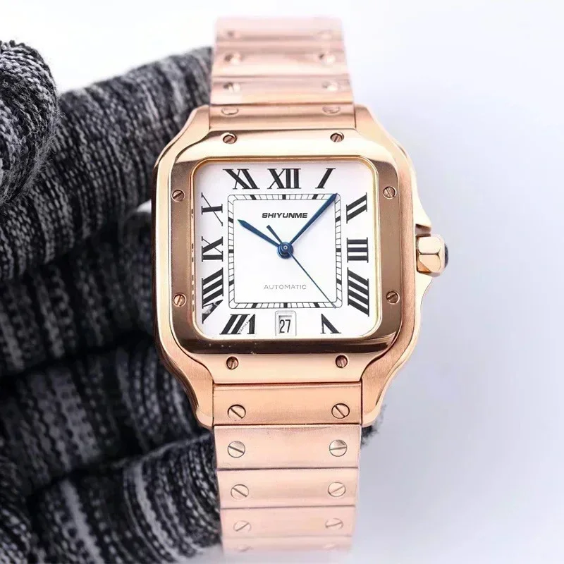 ساعة رياضية ميكانيكية من الفولاذ المقاوم للصدأ مربعة بمينا روماني جلد أسود عالي الجودة ساعة أوتوماتيكية للرجال متجر WATCH1