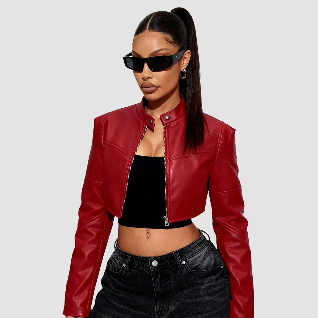 Women Trendy Spliced PU Leather Jacket Hot Girl Biker Cropped Waist Reveal Top Slim Long Sleeve Stand Collar Casual Outerwear