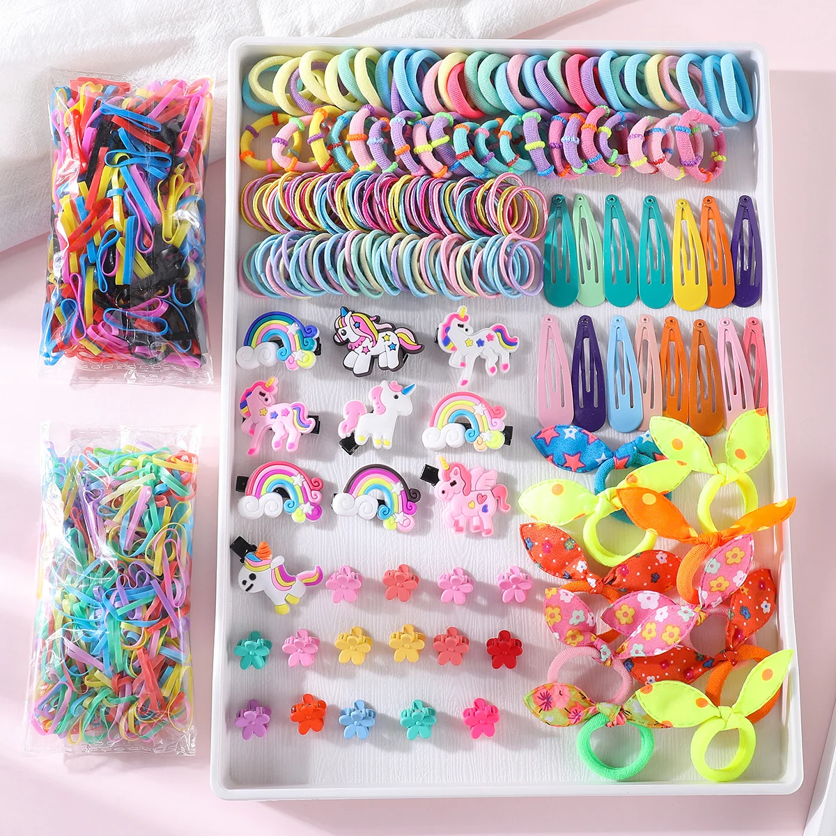 900Pcs Girls Hair Accessories Set Colorful Hair Band Children Hair Ties Cute Cartoon Hair Clips Kids Ponytail Rubber Band