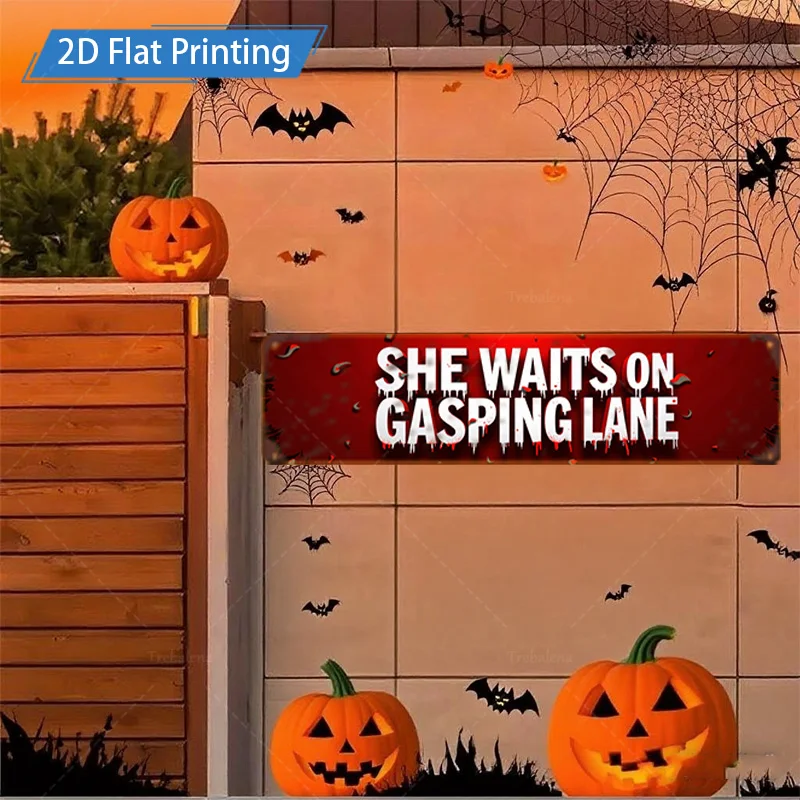 1 قطعة علامة معدنية ، 4x16 بوصة هالوين "إنها ينتظر على حارة الغاز" علامة ، مخيف اليقطين الخفافيش ديكور للسياج #4