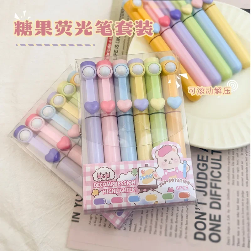 6Pcs Decompression Bead Highlighter Pen Cute Candy Color Girls Scrapbooking Pen Stationery Student Notes Highlight Marker Pen