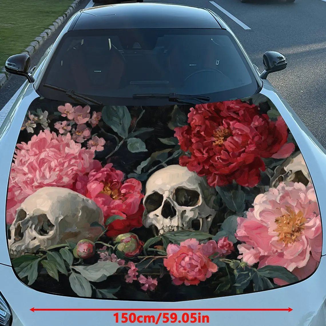 Flowers And Skeletons Car Hood Stickers, Suitable For SUV And Truck Covers - Waterproof And Durable Vinyl Stickers, High-quality