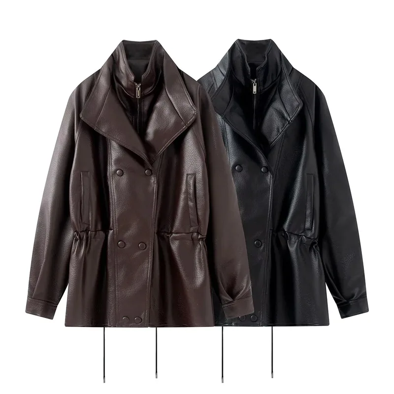Maxdutti Minimalist Women's Fashion Fake Two-piece Pleated Waist Mid Length Double Breast Buckle Stand Up Collar Leather Jacket