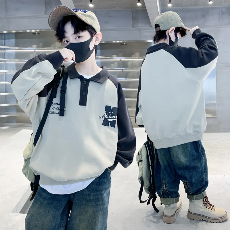 Fashion Child Cotton Polo Sweatshirt for Teenage Boy Autumn Outfit Wholesale Kids Clothing Age 5 6 7 8 9 10 11 12 13 14 Years