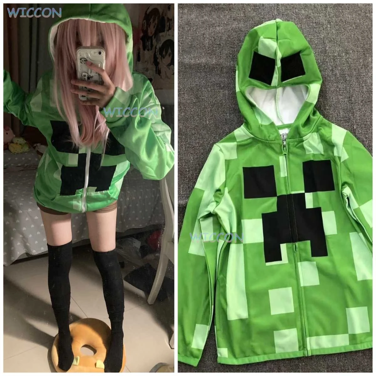 

Green Pixel-style Pattern Hooded Jacket Sweatshirt Creeperr Cosplay Minecrrafting Costume Game Halloween Event Outfit Kids Adult