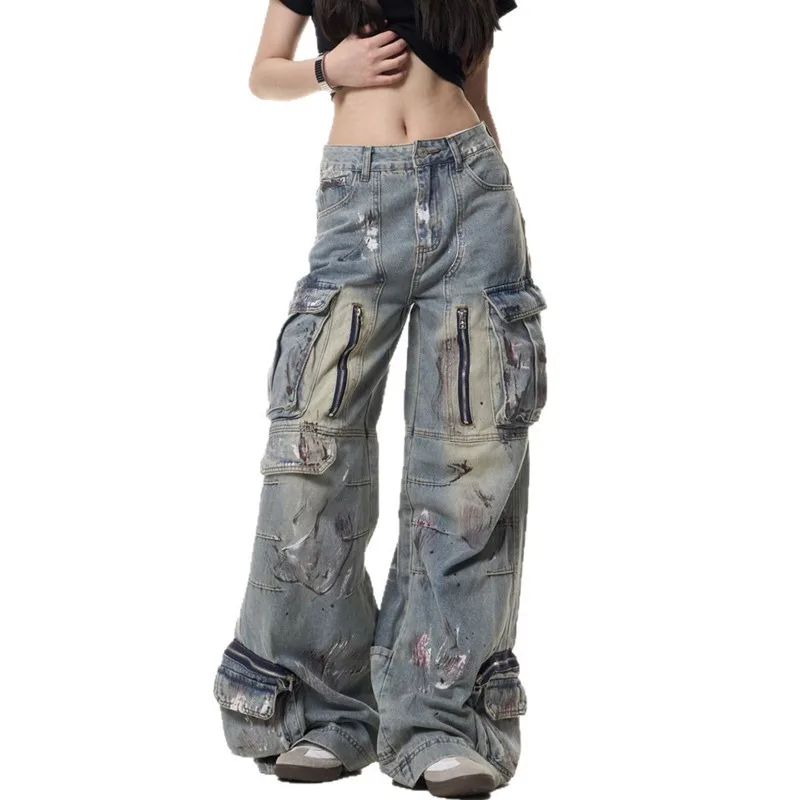 ANJY Herfst Winter Nieuwe Vrouwen Amerikaanse Mode Graffiti Multi-Pocket Wijde Pijpen Jeans Straat Gewassen Casual Cargo Denim broek A15075