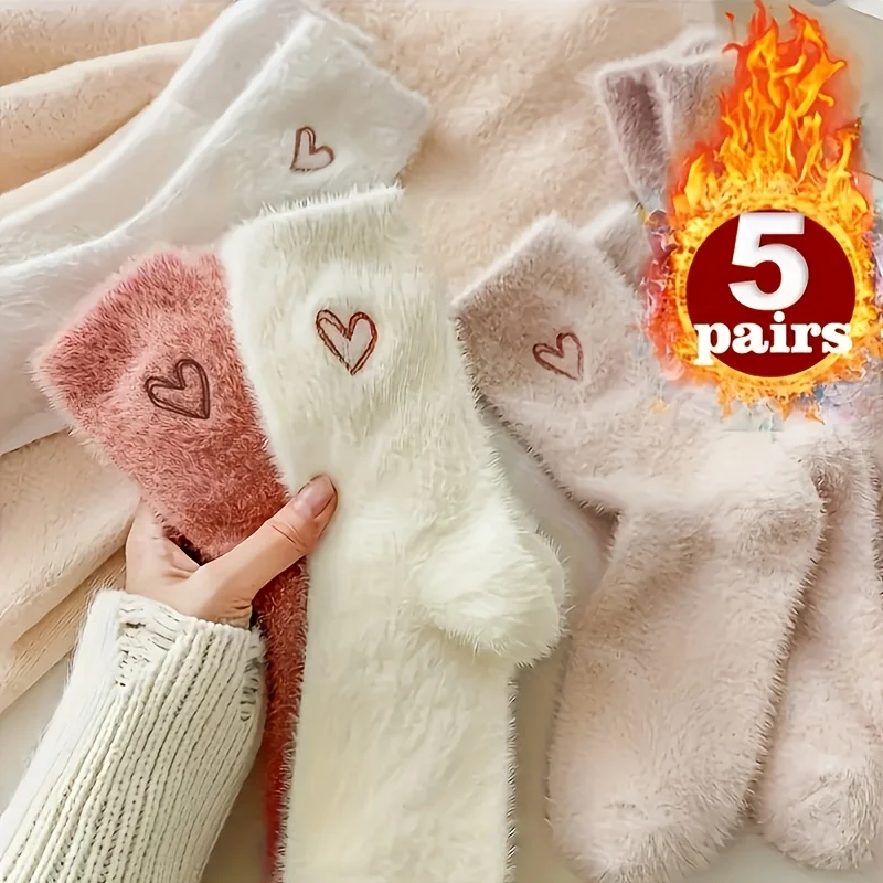 10/5 Pairs of Random Styles of Heart-Shaped Mink Velvet Winter Mid-Calf Socks for Women, with Added Fleece and Thickened for Comfort, Soft and Cute Coral Fleece Floor Socks, a Must-Have for Home, Perfect as a Gift