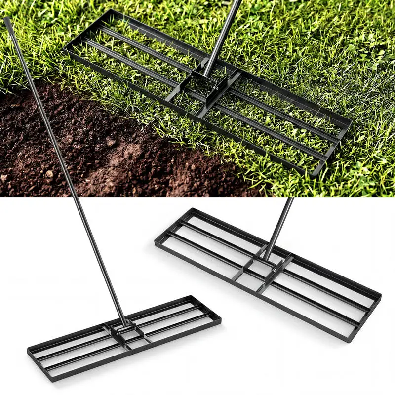 Lawn Rake 91x25 Cm Metal Construction With Ergonomic Handle For Garden Soil Leveling And Grass Maintenance Tool Black