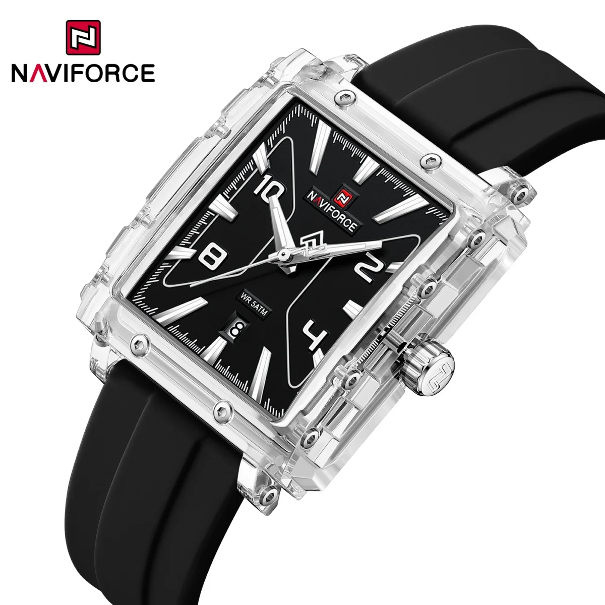 Naviforce 6112 Quartz Men Watches Original Brand Silicone Strap Rectangles Dial Date Luxury Simple Watches For Men Clock Reloj