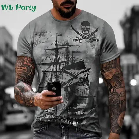 Pirate Ship Pattern Print Mens Clothing T shirt for Men Short Sleeve Tee Gym Clothing Men Male T-shirt Pirate Ship Print Clothes