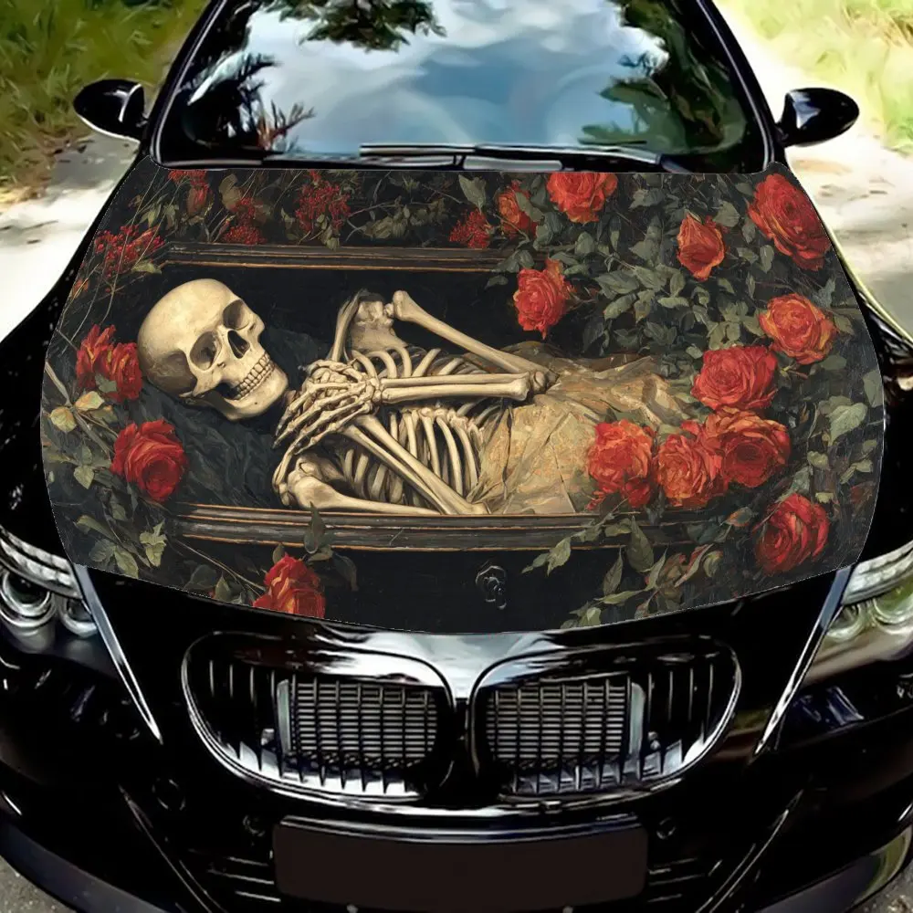 

Виниловая пленка для автомобиля с черепом, гробом и красными розами, водонепроницаемая наклейка на капот автомобиля из ПВХ, самоклеящиеся устойчивые к царапинам наклейки для двигателя C