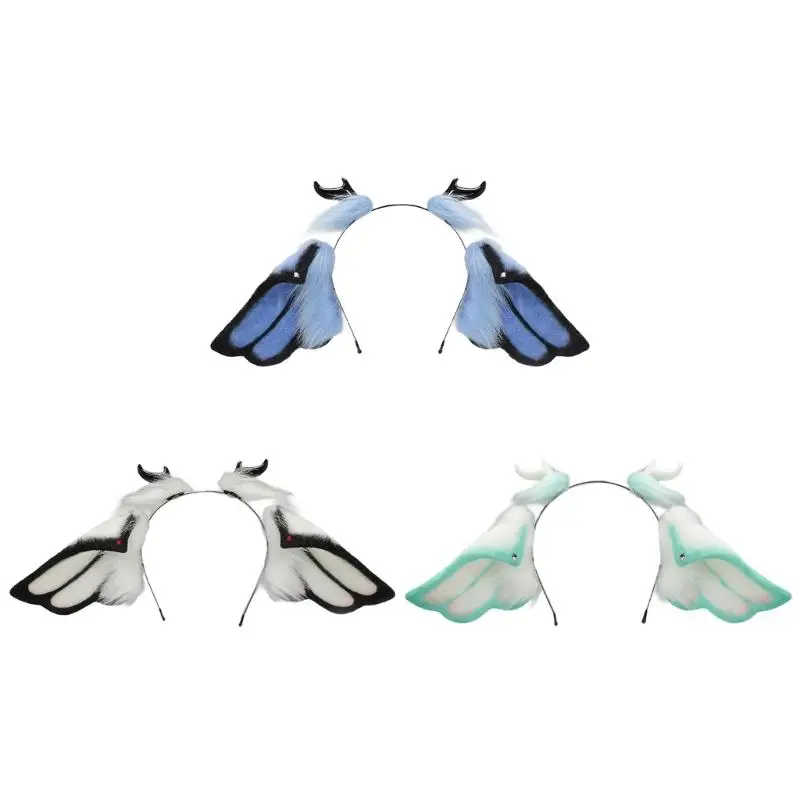 652F Soft Bendable Frame Devil Horn Hairband Realistic Faux Furs Animal Ear Roleplay Costume Accessory For Halloween Event