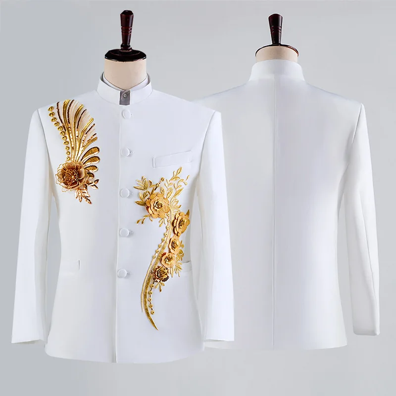 2023 Men White Sequined Stand Collar Color Matching Suit Stage Host Studio Suit Two Pieces