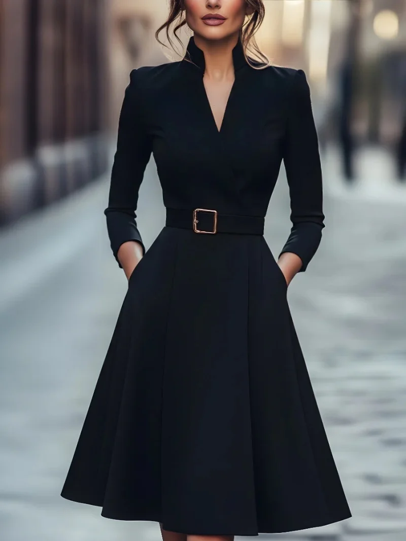 Autumn and winter temperament commuting waist slimming V-neck long-sleeved A-shaped medium-long belt skirt for women