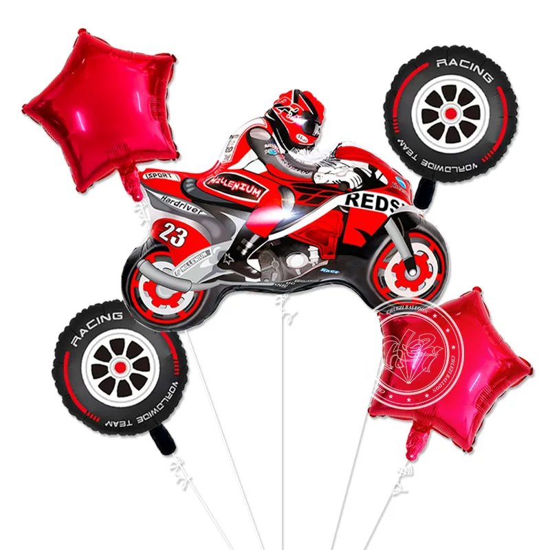 5pcs Dirt Bike Motorcycle Balloons Round Racing tyre Red Star Helium Ballons Kids Toys Birthday Party Decoration Baby Boy Shower