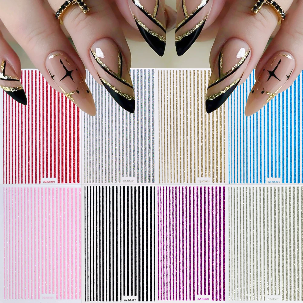 8 stks Kleurrijke Glitter Lijnen Streep Nail Sticker Decal Holografische Franse Metalen Streep Nagels Slider 3D Zelfklevende Nail Sticker