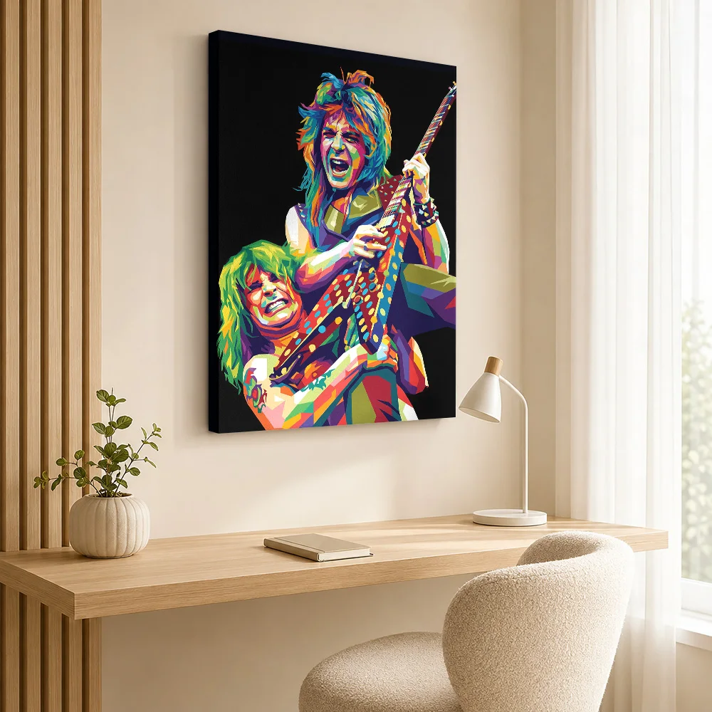Rock Guitarists Playing Together Framed Canvas Print Personalized Photo Geometric Color Blocks Wall Art For Recording Studio